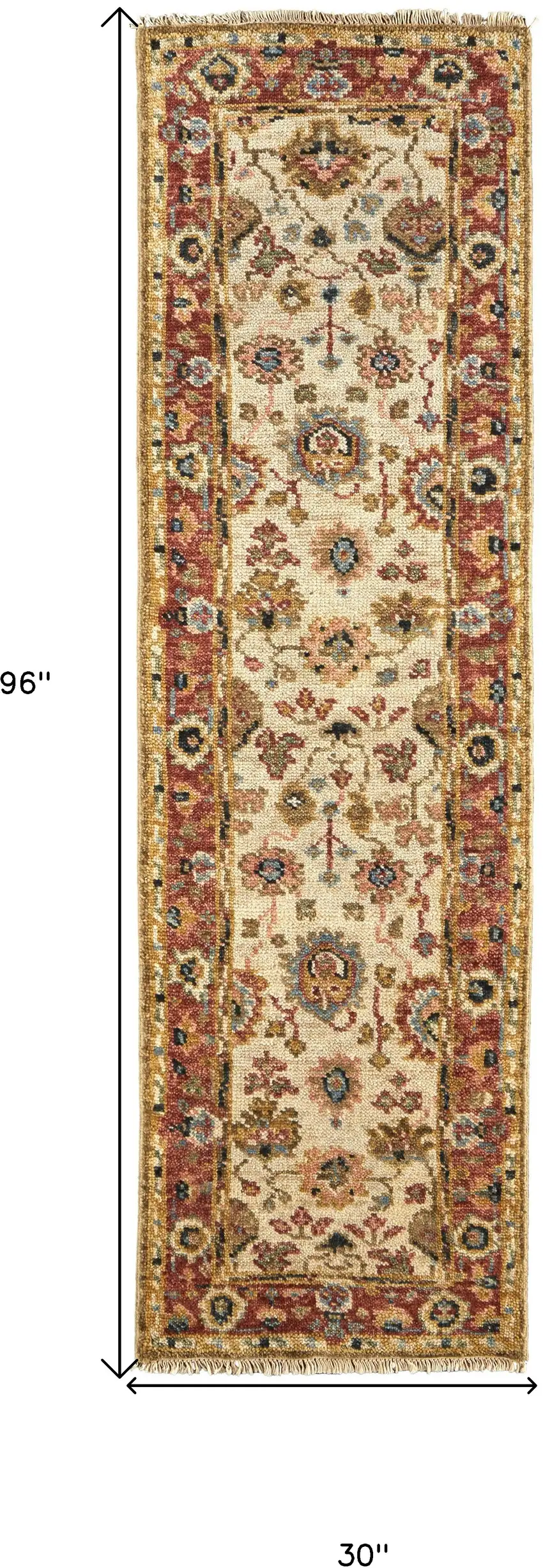 8' Ivory Red And Blue Wool Floral Hand Knotted Stain Resistant Runner Rug Photo 5