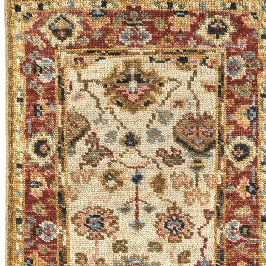 8' Ivory Red And Blue Wool Floral Hand Knotted Stain Resistant Runner Rug Photo 4