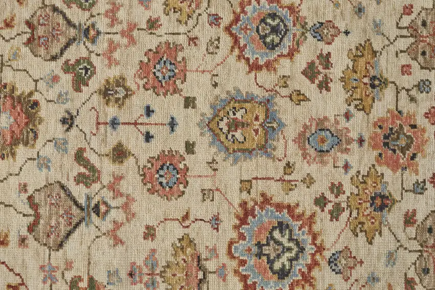 8' Ivory Red And Blue Wool Floral Hand Knotted Stain Resistant Runner Rug Photo 4
