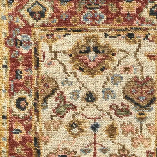 8' Ivory Red And Blue Wool Floral Hand Knotted Stain Resistant Runner Rug Photo 3