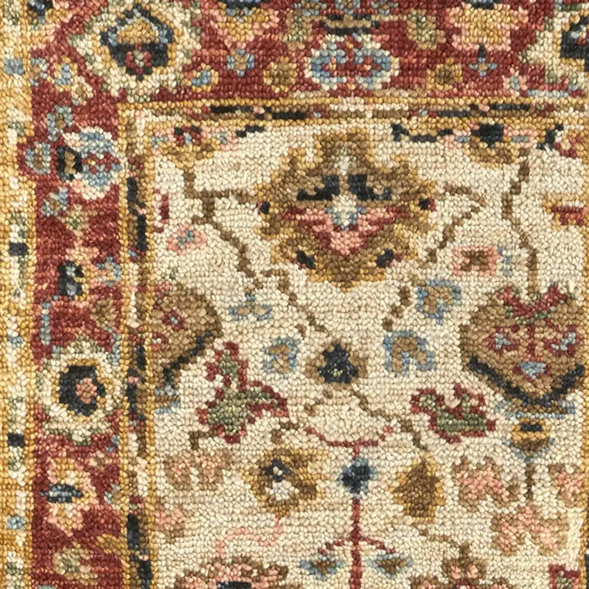 8' Ivory Red And Blue Wool Floral Hand Knotted Stain Resistant Runner Rug Photo 3