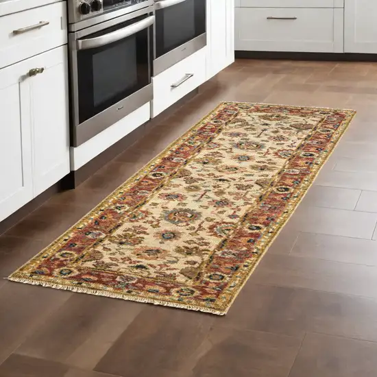 8' Ivory Red And Blue Wool Floral Hand Knotted Stain Resistant Runner Rug Photo 2