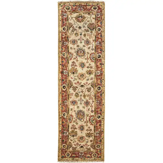 8' Ivory Red And Blue Wool Floral Hand Knotted Stain Resistant Runner Rug Photo 1