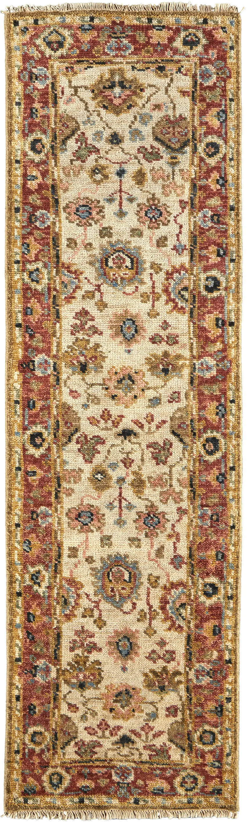 8' Ivory Red And Blue Wool Floral Hand Knotted Stain Resistant Runner Rug Photo 1
