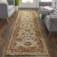 Photo of 8' Ivory Red And Blue Wool Floral Hand Knotted Stain Resistant Runner Rug