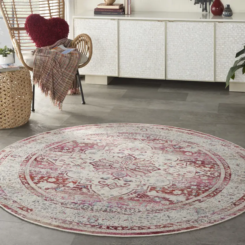 6' Ivory Red And Brown Floral Distressed Round Rug Photo 4
