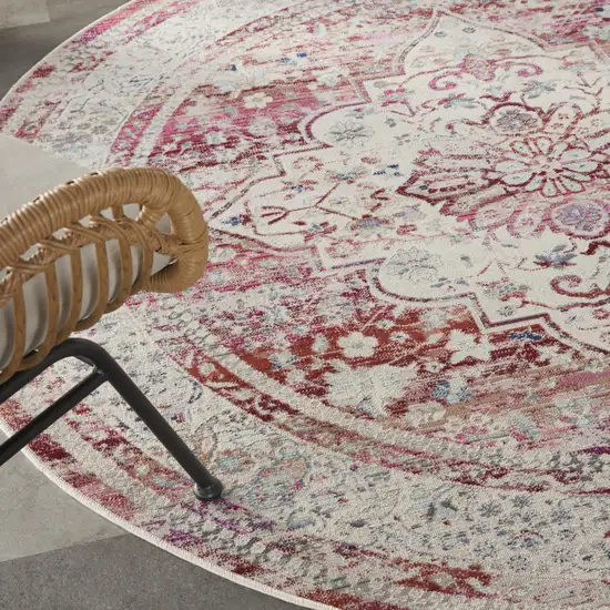 6' Ivory Red And Brown Floral Distressed Round Rug Photo 9