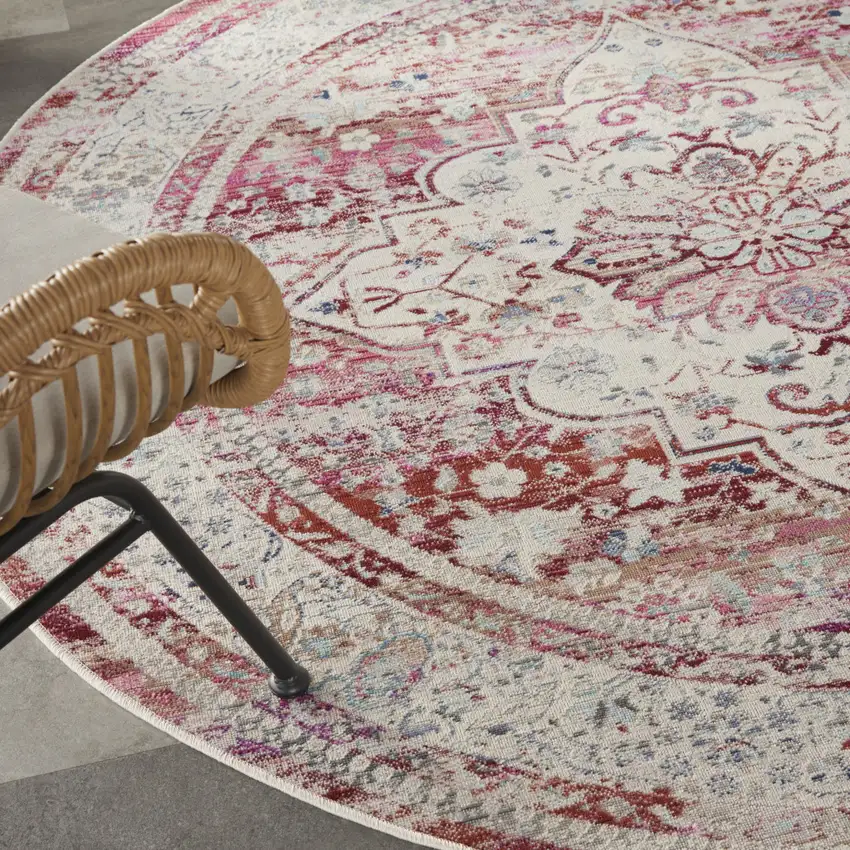 6' Ivory Red And Brown Floral Distressed Round Rug Photo 9