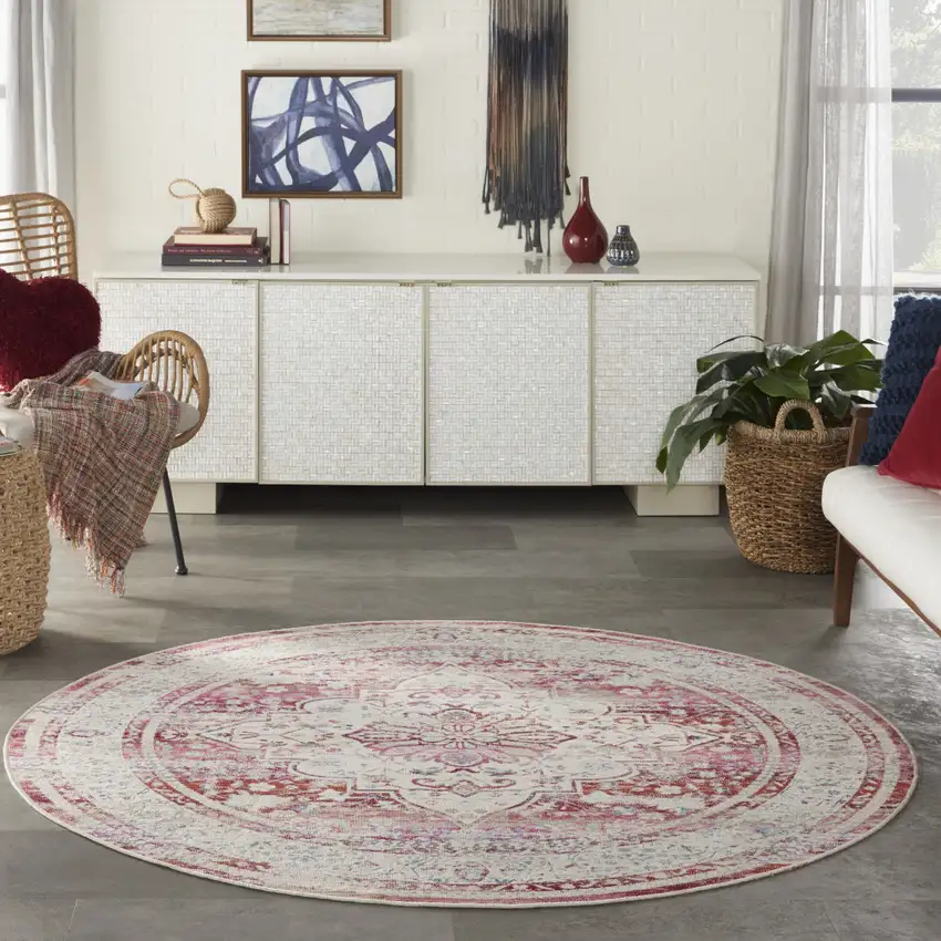 6' Ivory Red And Brown Floral Distressed Round Rug Photo 5