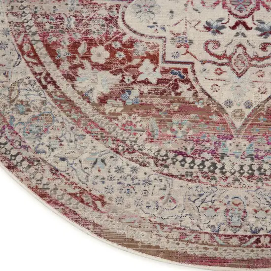6' Ivory Red And Brown Floral Distressed Round Rug Photo 8