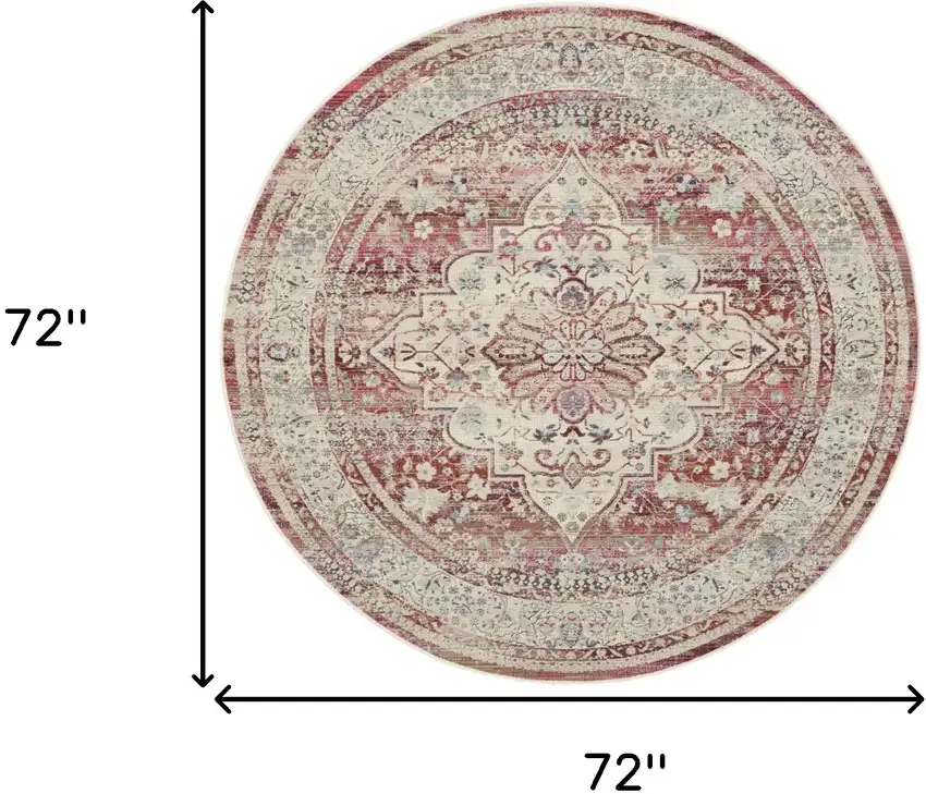 6' Ivory Red And Brown Floral Distressed Round Rug Photo 3