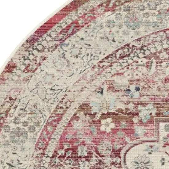 6' Ivory Red And Brown Floral Distressed Round Rug Photo 6