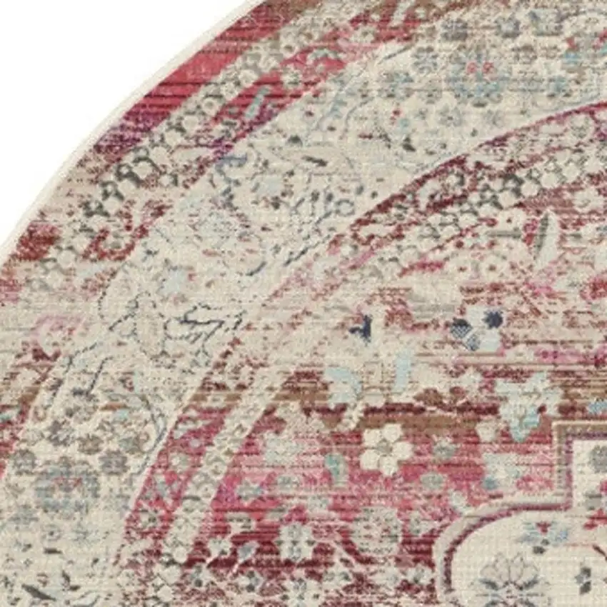 6' Ivory Red And Brown Floral Distressed Round Rug Photo 6