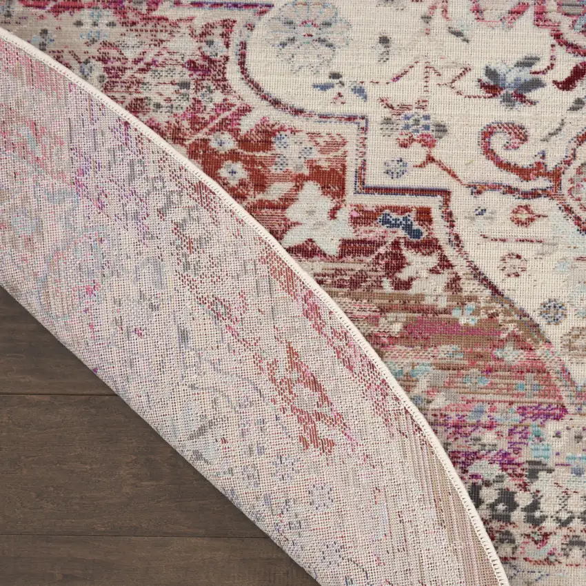 6' Ivory Red And Brown Floral Distressed Round Rug Photo 8