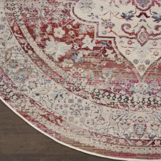 6' Ivory Red And Brown Floral Distressed Round Rug Photo 9