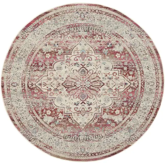 6' Ivory Red And Brown Floral Distressed Round Rug Photo 1