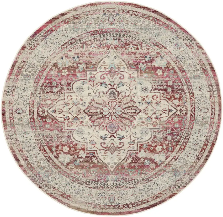 6' Ivory Red And Brown Floral Distressed Round Rug Photo 1
