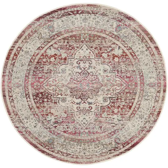 4' Ivory Red And Brown Floral Distressed Round Rug Photo 4