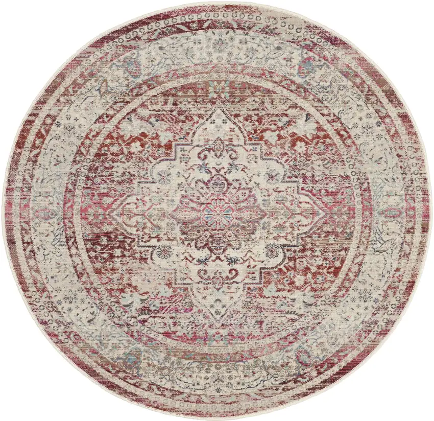 4' Ivory Red And Brown Floral Distressed Round Rug Photo 4