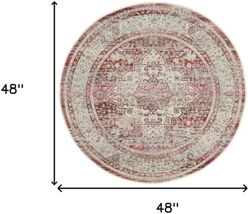 4' Ivory Red And Brown Floral Distressed Round Rug Photo 3