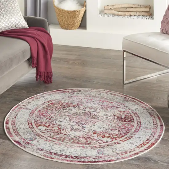 4' Ivory Red And Brown Floral Distressed Round Rug Photo 5