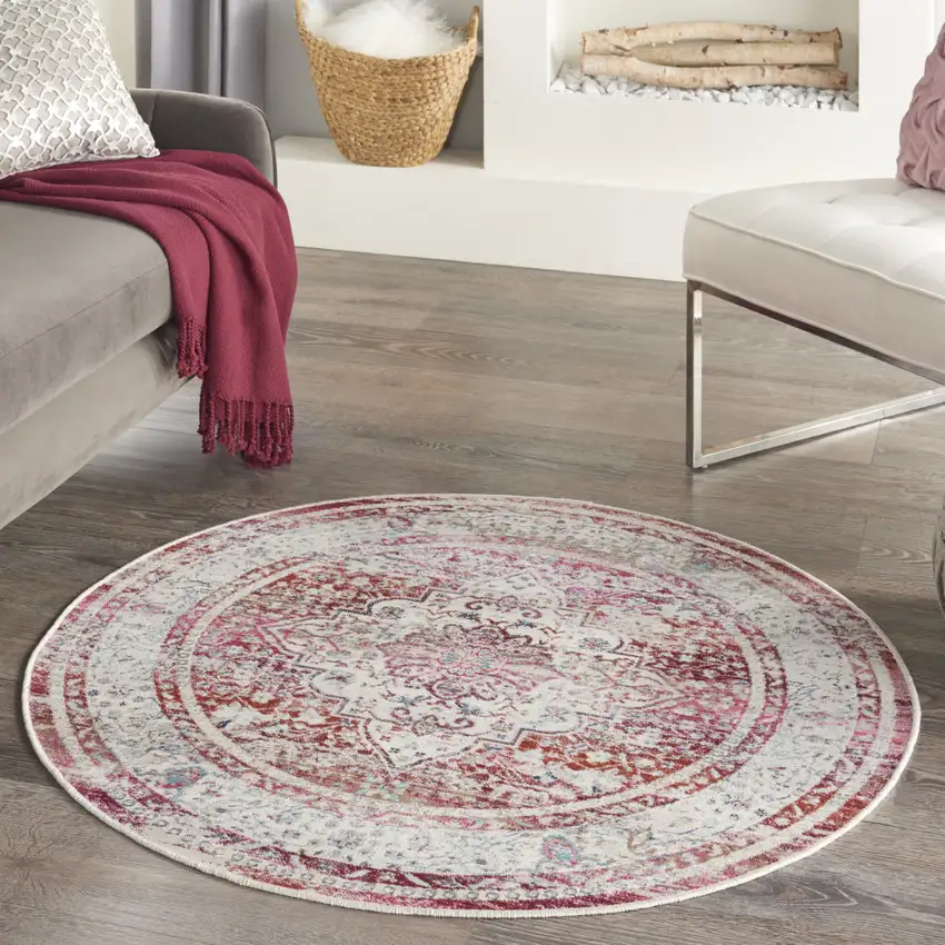 4' Ivory Red And Brown Floral Distressed Round Rug Photo 5