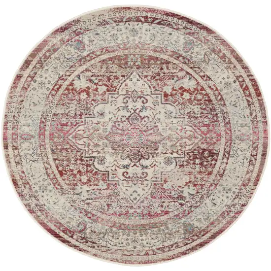 4' Ivory Red And Brown Floral Distressed Round Rug Photo 3