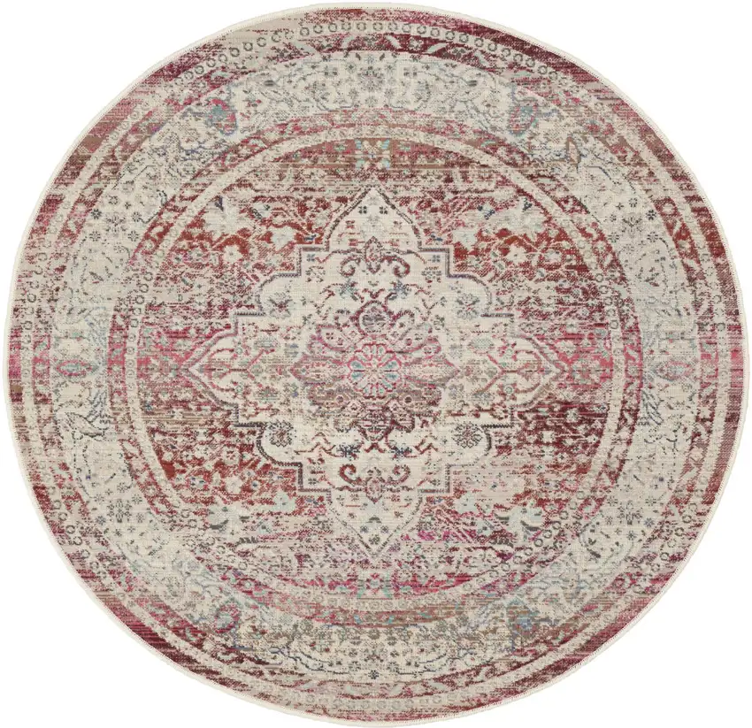 4' Ivory Red And Brown Floral Distressed Round Rug Photo 3