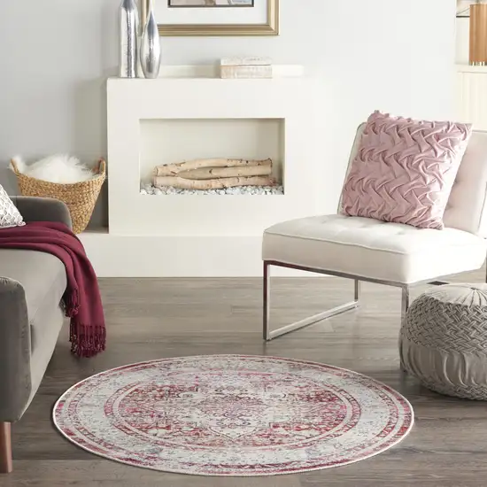 4' Ivory Red And Brown Floral Distressed Round Rug Photo 6