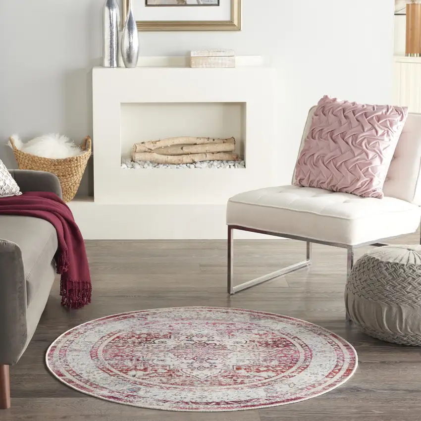 4' Ivory Red And Brown Floral Distressed Round Rug Photo 6