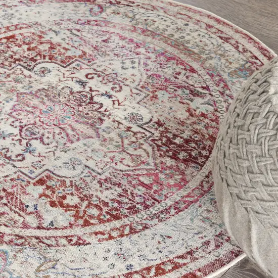 4' Ivory Red And Brown Floral Distressed Round Rug Photo 9