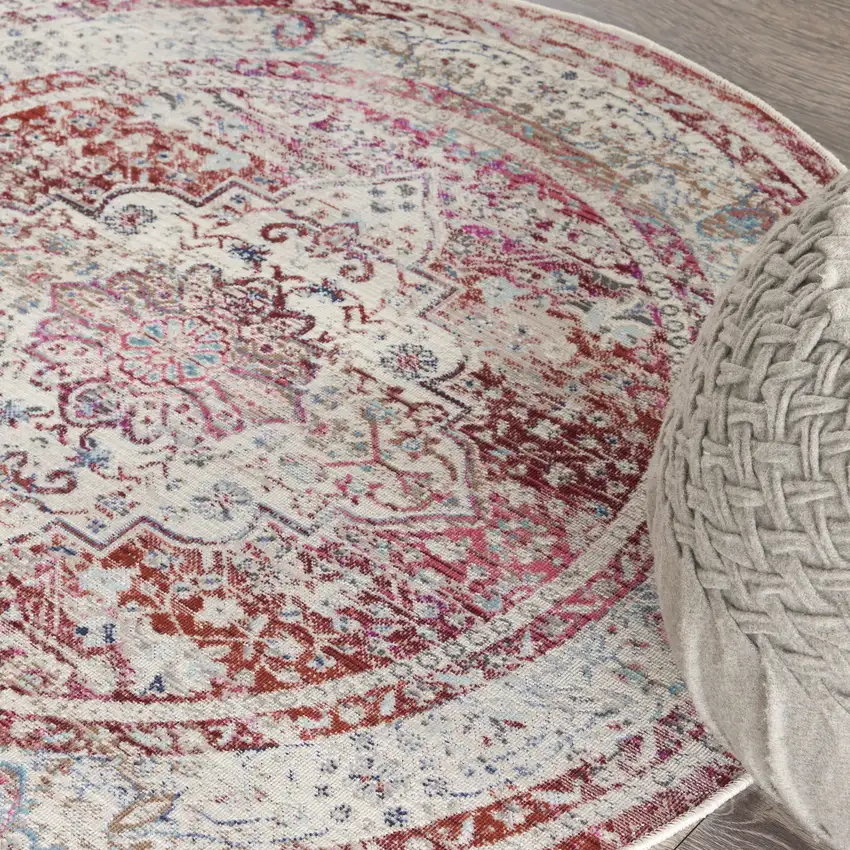 4' Ivory Red And Brown Floral Distressed Round Rug Photo 9
