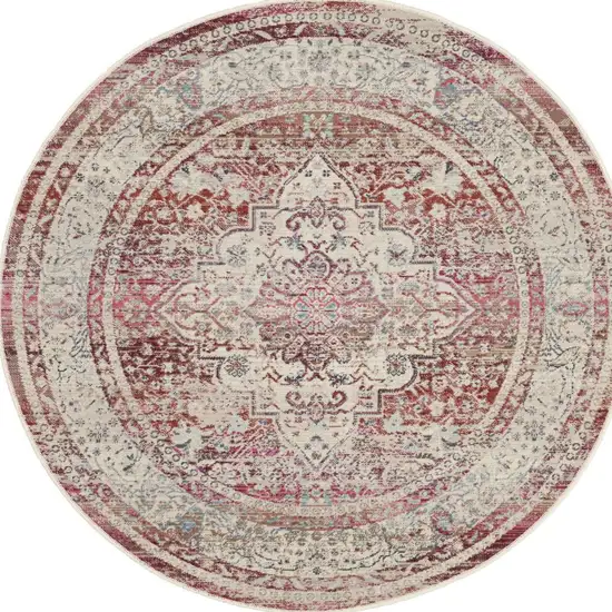 4' Ivory Red And Brown Floral Distressed Round Rug Photo 9