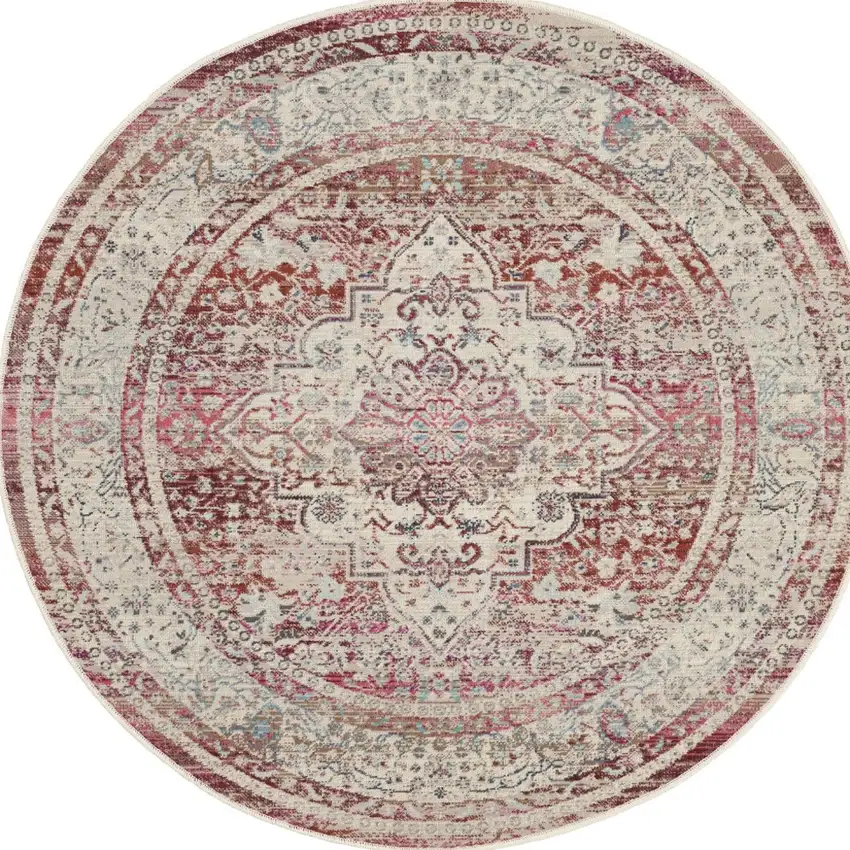 4' Ivory Red And Brown Floral Distressed Round Rug Photo 9