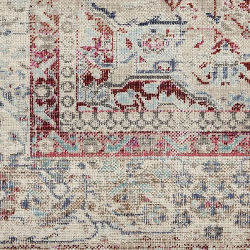 8' Ivory Red And Brown Floral Distressed Runner Rug Photo 8
