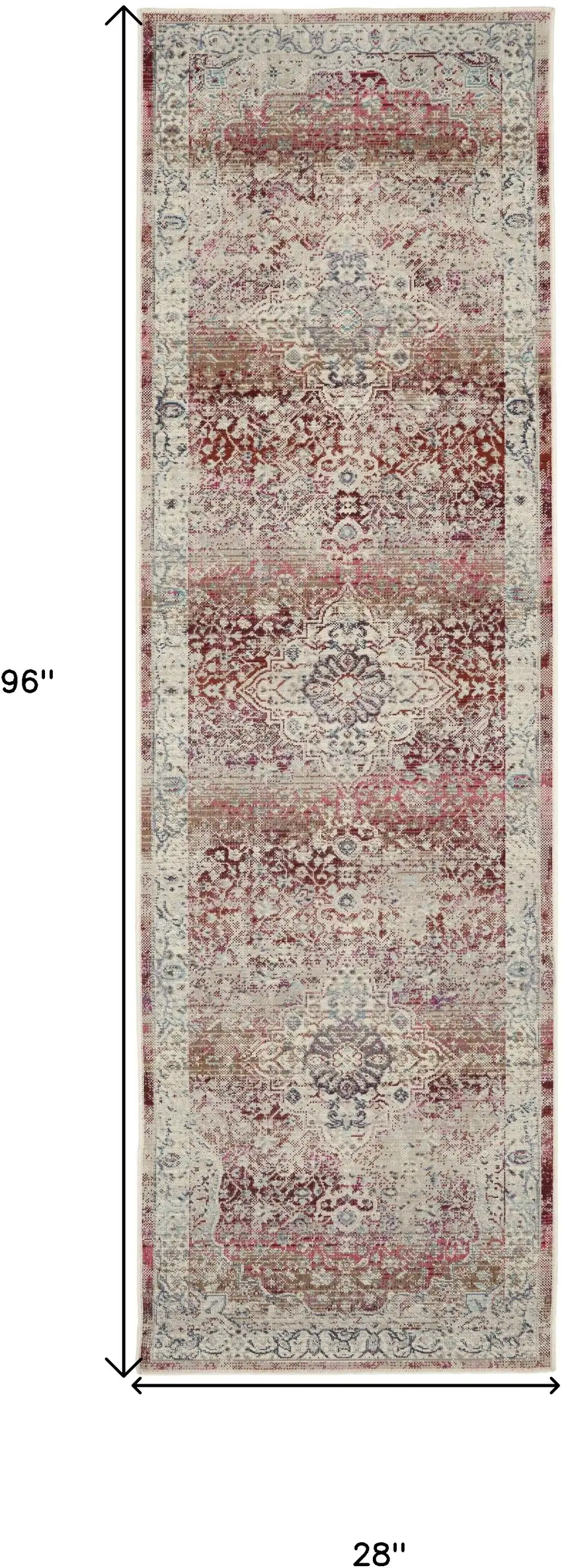 8' Ivory Red And Brown Floral Distressed Runner Rug Photo 3