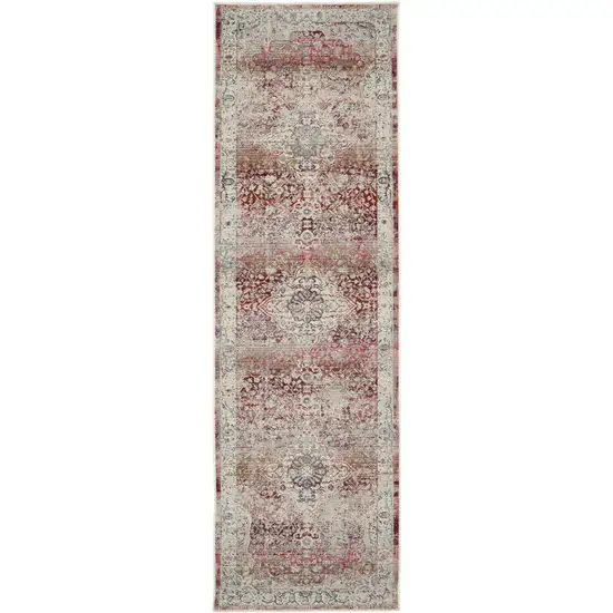 8' Ivory Red And Brown Floral Distressed Runner Rug Photo 1