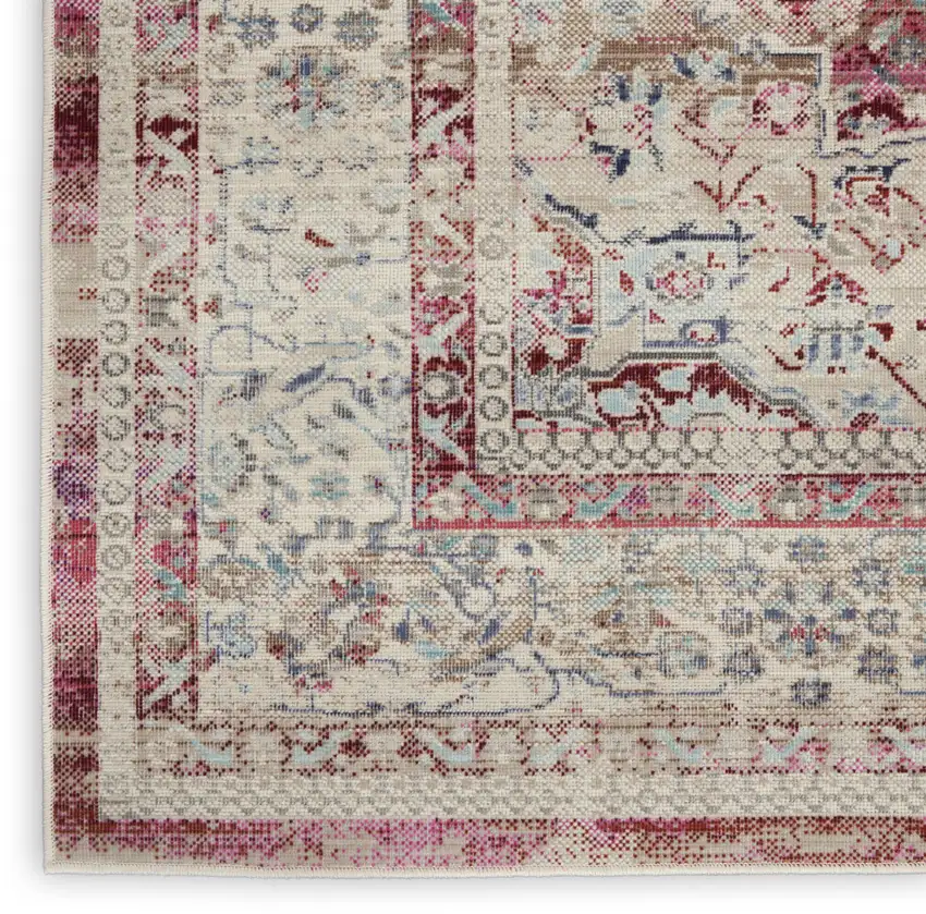 8' Ivory Red And Brown Floral Distressed Runner Rug Photo 5