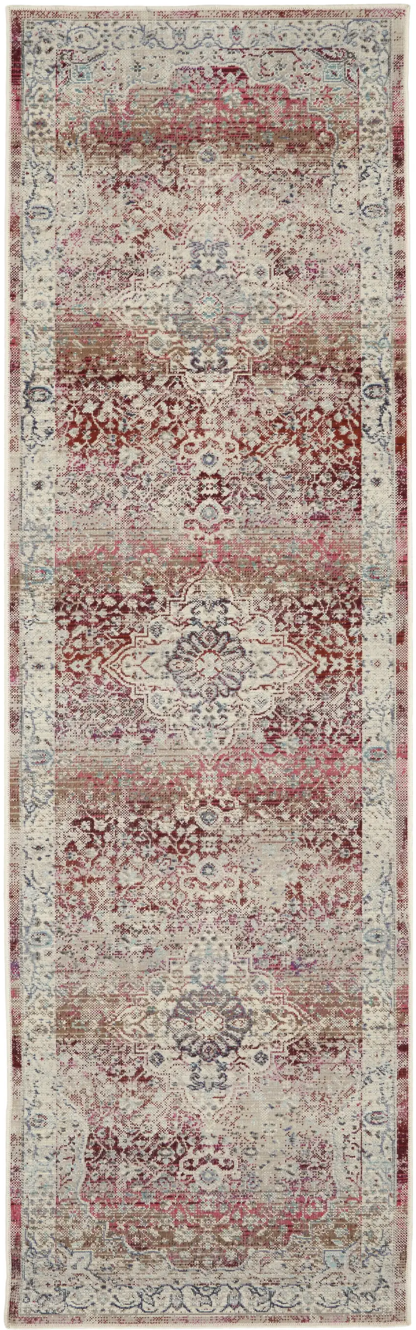 6' Ivory Red And Brown Floral Distressed Runner Rug Photo 2