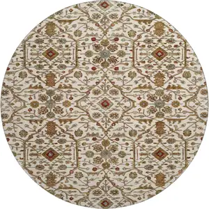 Photo of 8' Ivory Red And Gold Oriental Washable Round Rug With UV Protection