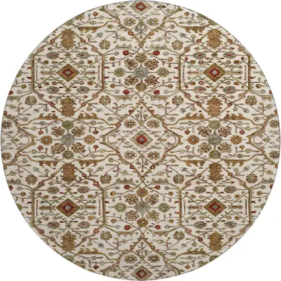 8' Ivory Red And Gold Oriental Washable Round Rug With UV Protection Photo 1