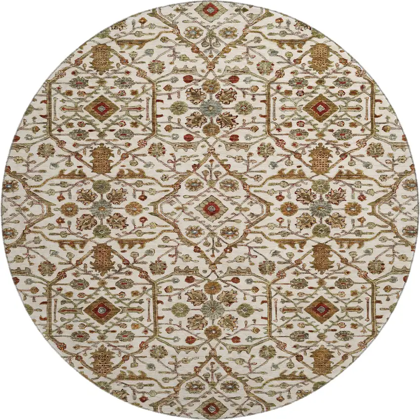 8' Ivory Red And Gold Oriental Washable Round Rug With UV Protection Photo 1