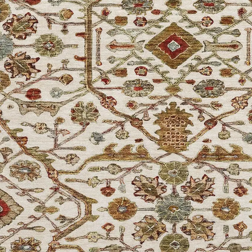 8' Ivory Red And Gold Oriental Washable Round Rug With UV Protection Photo 3