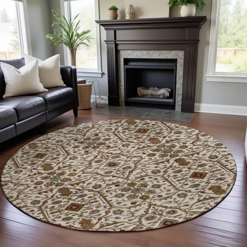 8' Ivory Red And Gold Oriental Washable Round Rug With UV Protection Photo 4