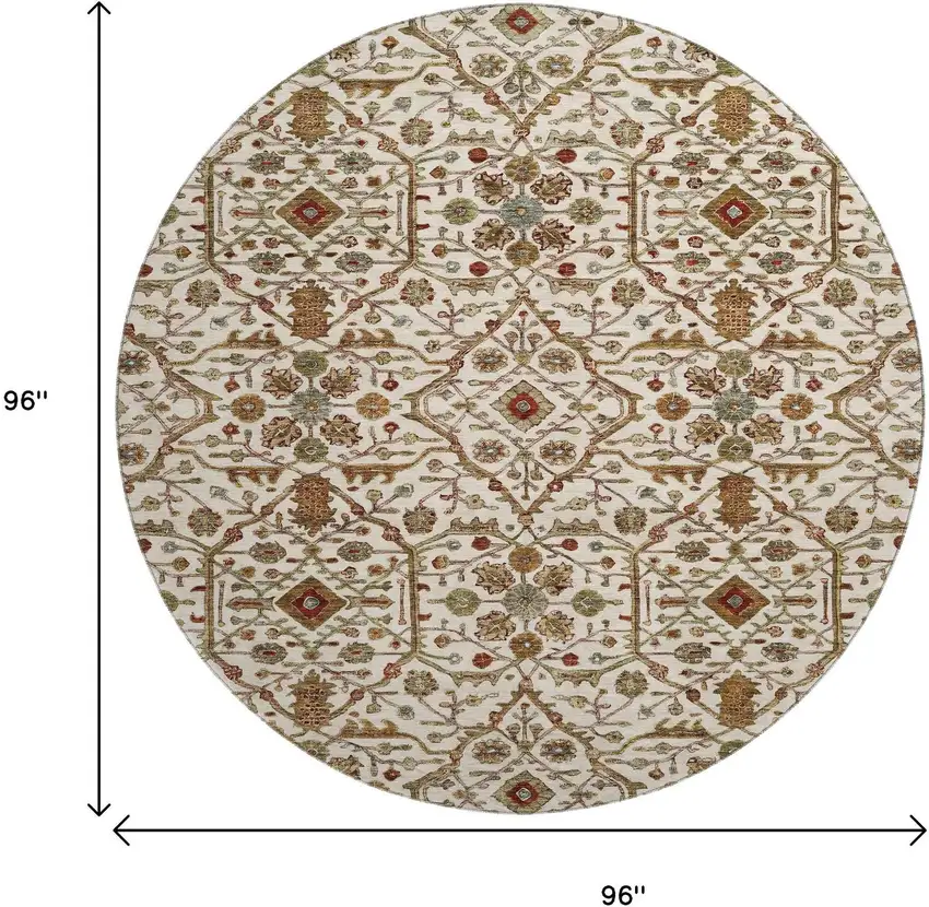 8' Ivory Red And Gold Oriental Washable Round Rug With UV Protection Photo 9