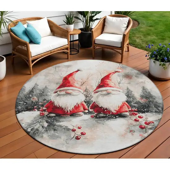 8' Ivory Red And Gray Round Botanical Leaves Washable Indoor Outdoor Area Rug Photo 2