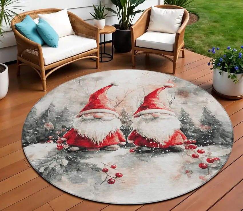 8' Ivory Red And Gray Round Botanical Leaves Washable Indoor Outdoor Area Rug Photo 2