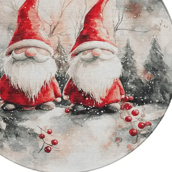 8' Ivory Red And Gray Round Botanical Leaves Washable Indoor Outdoor Area Rug Photo 3