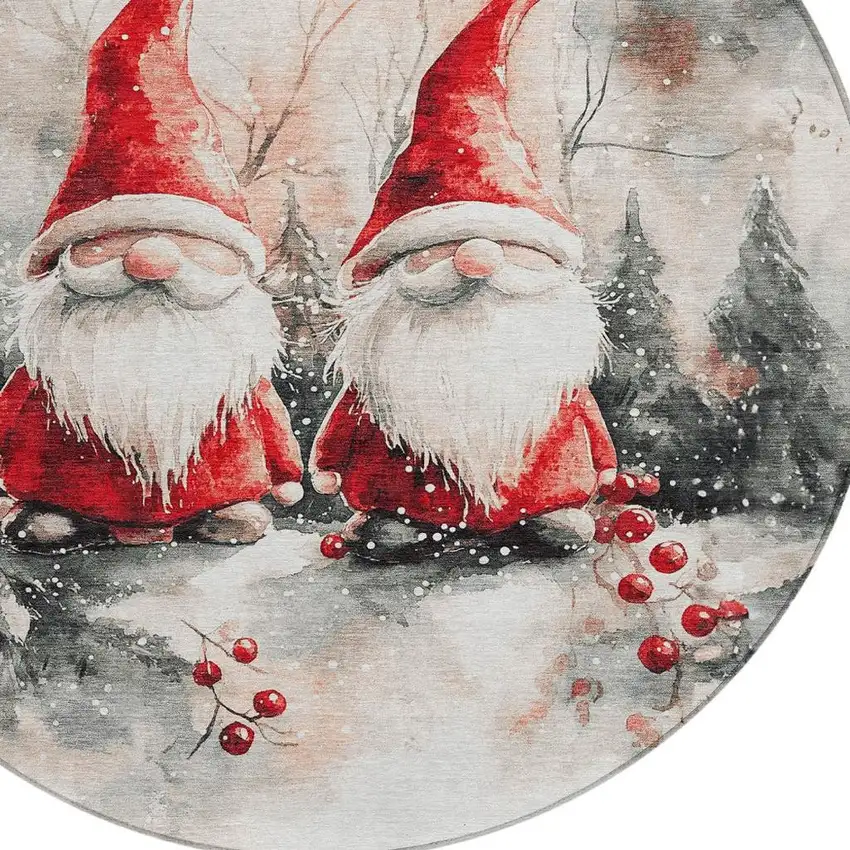 8' Ivory Red And Gray Round Botanical Leaves Washable Indoor Outdoor Area Rug Photo 3