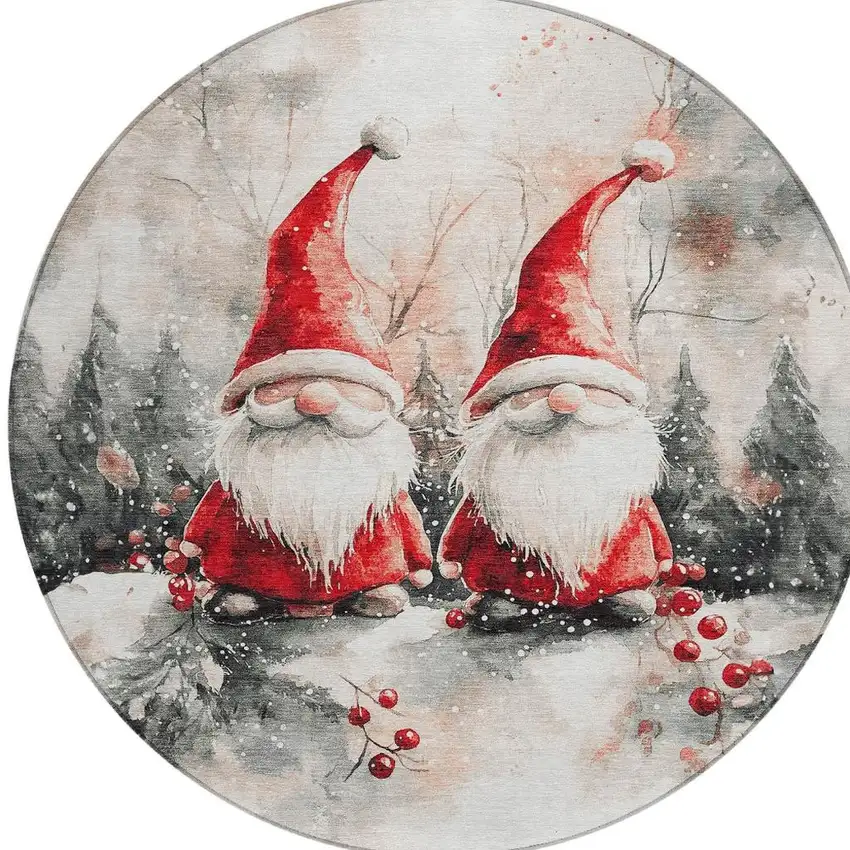 8' Ivory Red And Gray Round Botanical Leaves Washable Indoor Outdoor Area Rug Photo 4